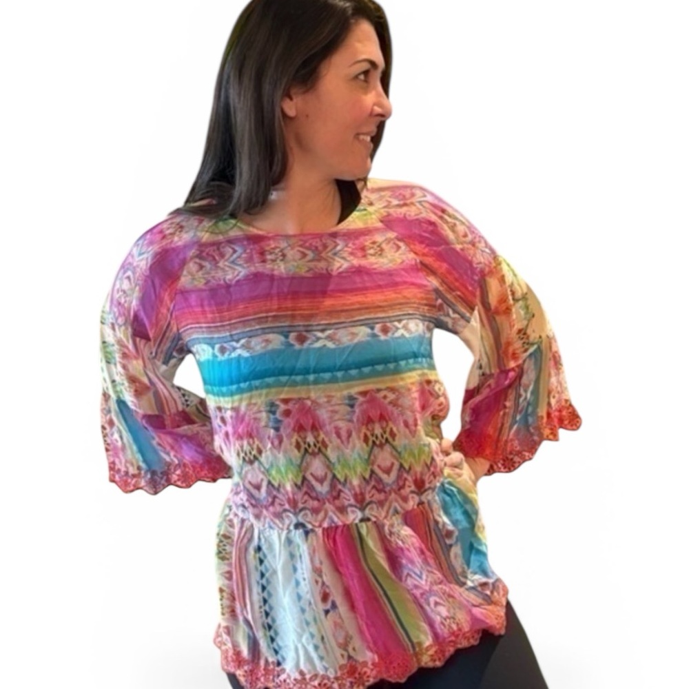 Johnny Was Porcelain Flare-Sleeve Ruffle Blouse NWT